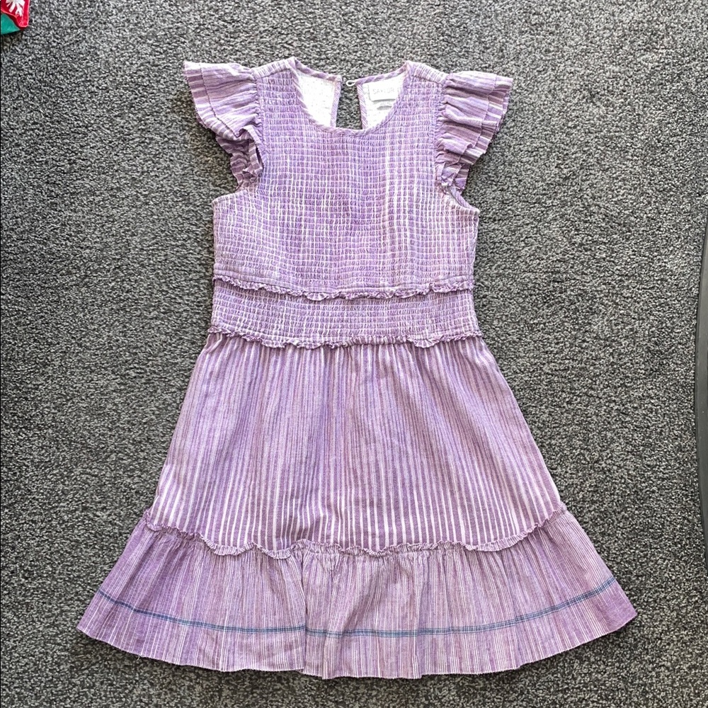 Saylor Zinnia Smocked Ruffle Sleeve Mini Dress Purple Striped Size Medium